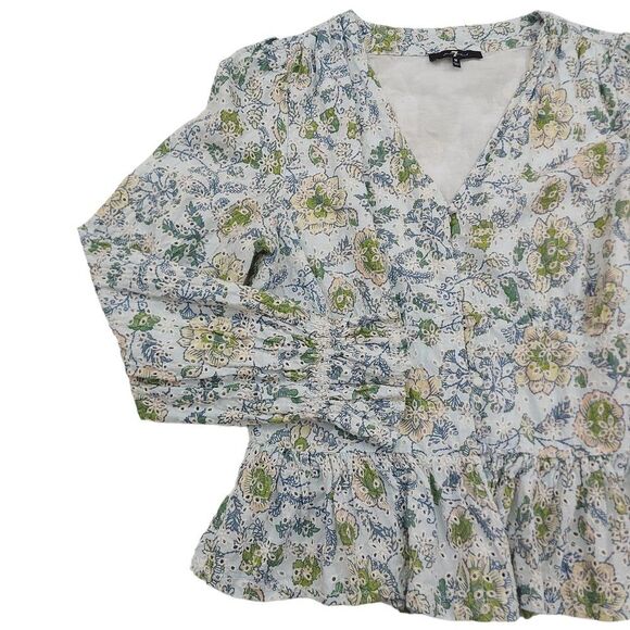 7 For All Mankind Boho Blouse Womens Medium Green Eyelet Embroidered Floral - Picture 7 of 13